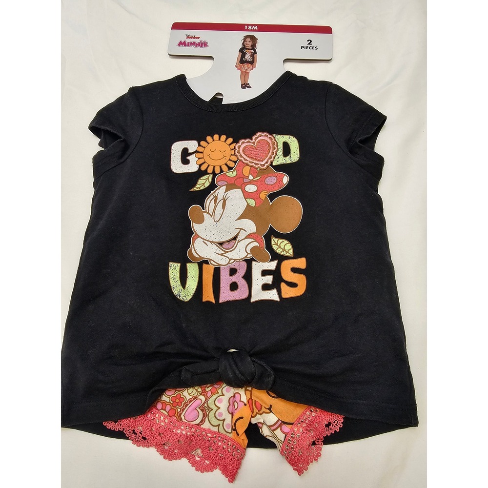 Disney‎ Minnie Mouse Girls 2pc Outfit Set Black Good Vibes Shirt Floral Shorts
